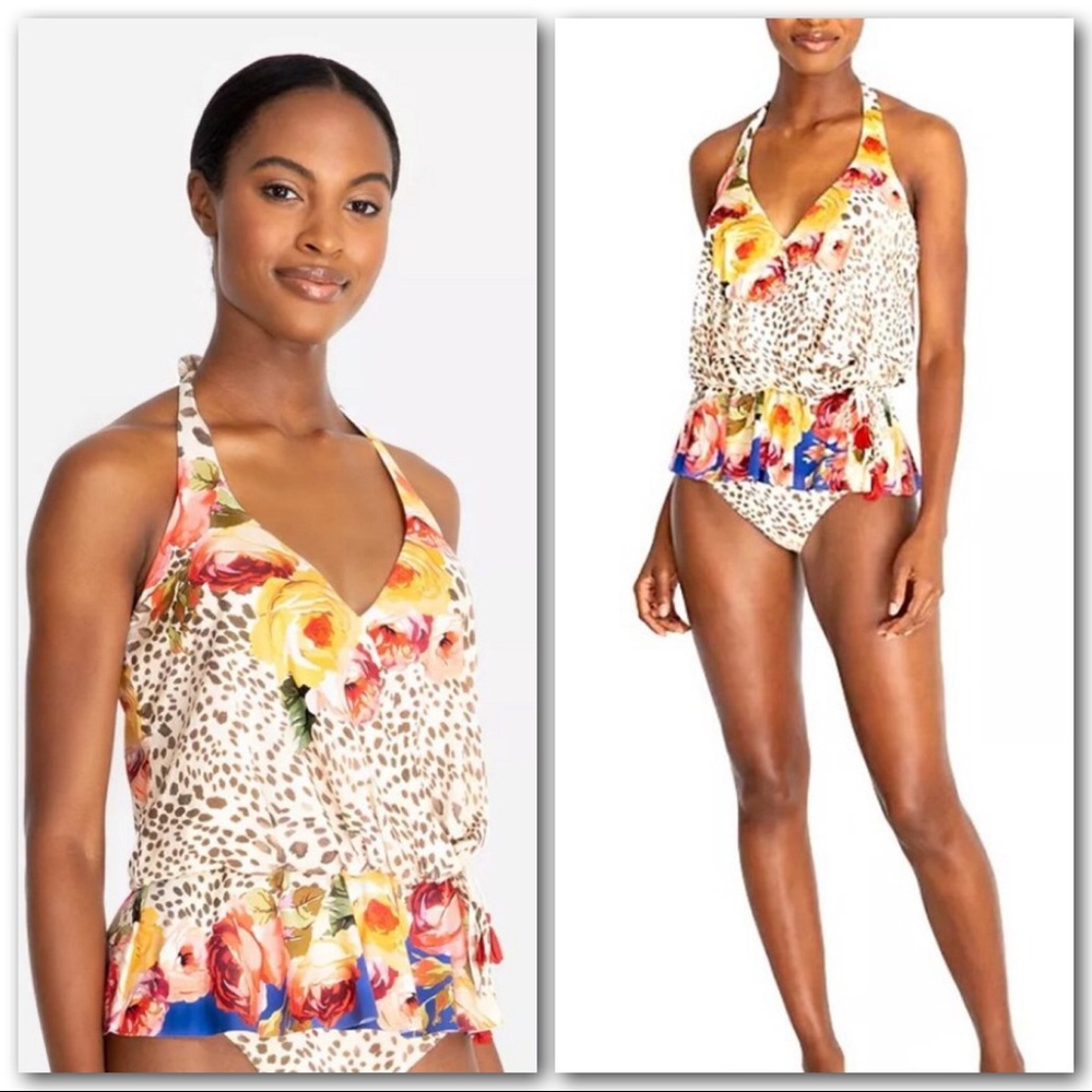 Johnny Was Oksana Leopard Floral Print Halter Wrap Tankini Top - Picture 4 of 12